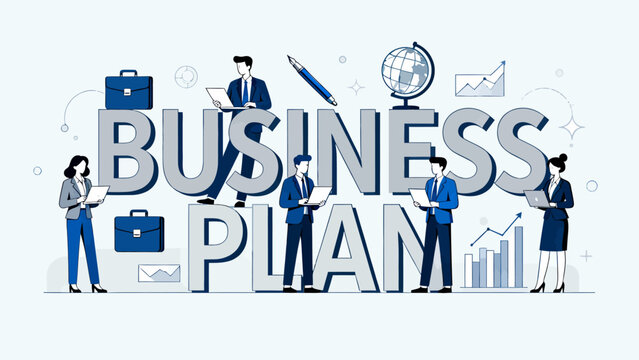 This illustration depicts various business professionals and elements surrounding “Business Plan”，highlighting the key components of strategic planning and corporate collaboration.