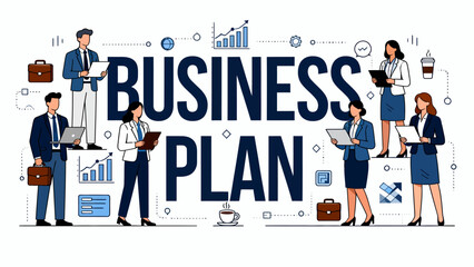 This illustration depicts various business professionals and elements surrounding “Business Plan”，highlighting the key components of strategic planning and corporate collaboration.