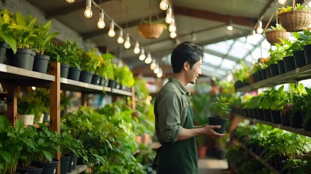 温室スタイルのガーデンショップで、若い日本人男性がポット植物と花に囲まれて立つフォトリアルなポートレート。ガラス越しの柔らかな自然光が店内を満たし、落ち着いた暖かなボタニカル空間を演出。園芸紹介、店舗PR、ライフスタイル映像に最適。植物の質感と柔らかな光が印象的なシーン。