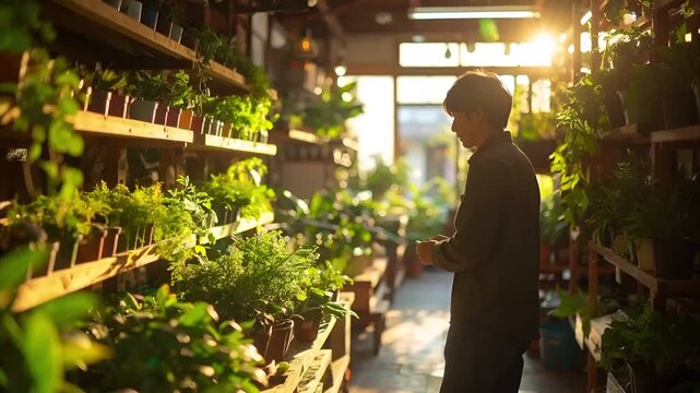 温室スタイルのガーデンショップで、若い日本人男性がポット植物と花に囲まれて立つフォトリアルなポートレート。ガラス越しの柔らかな自然光が店内を満たし、落ち着いた暖かなボタニカル空間を演出。園芸紹介、店舗PR、ライフスタイル映像に最適。植物の質感と柔らかな光が印象的なシーン。