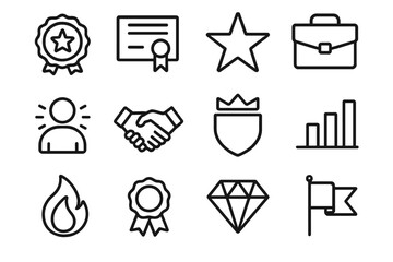 Professional Excellence Icons. Professional Excellence Icons linear icon set: skill badge, mastery certificate, recognition star, polished briefcase, standout profile icon, refined