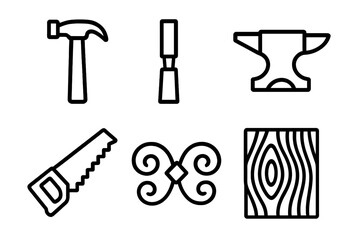 Craftsman Tools Icons. Wood and Metalwork linear icon set. hammer, chisel, anvil, saw, metal ornament, wood grain
