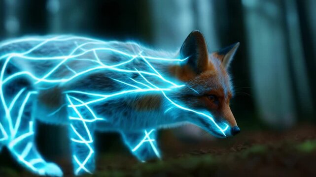 A magnificent fox illuminated by ethereal blue lightning, gracefully traversing through a mystical forest, showcasing the harmony of nature and supernatural elements in a vibrant setting.