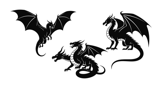 Three black dragons in flight and repose a striking mythical illustration