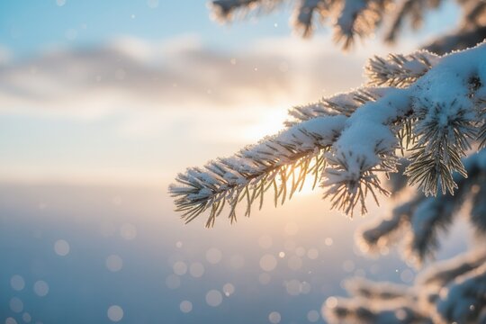 Winter background with a snow-covered fir branch at sunrise. Close-up of frosty pine needles glowing in the morning light. Copy space for text - Powered by Adobe