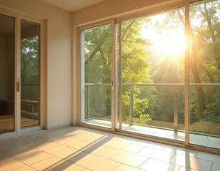 Naklejka premium Empty room with large glass doors opening to lush green trees. Morning sun shines brightly through foliage, creating light beams. Balcony overlooks forest setting. Bright interior with tile floor.