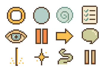 Focus Icons Set. Focus and Clarity Practices Elements Set pixel style icon set: focus ring, clear dot, breath swirl, tidy checklist, calm eye, alignment bar, smooth arrow