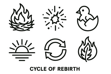 Rebirth Icons. Cycle of Rebirth linear icon set. burning nest, ember spark, new hatchling, sunrise, renewal symbol, feather in flame