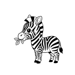 Cute zebra eating leaves in black and white illustration.