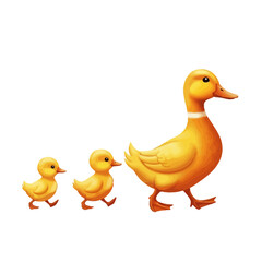 Duck family walking together in a line, yellow color.