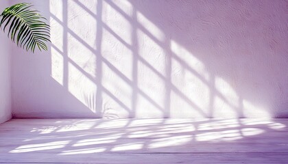 A single green palm leaf hangs in the upper left corner of a room, casting a shadow. The textured wall and light-colored wooden floor are illuminated by diagona