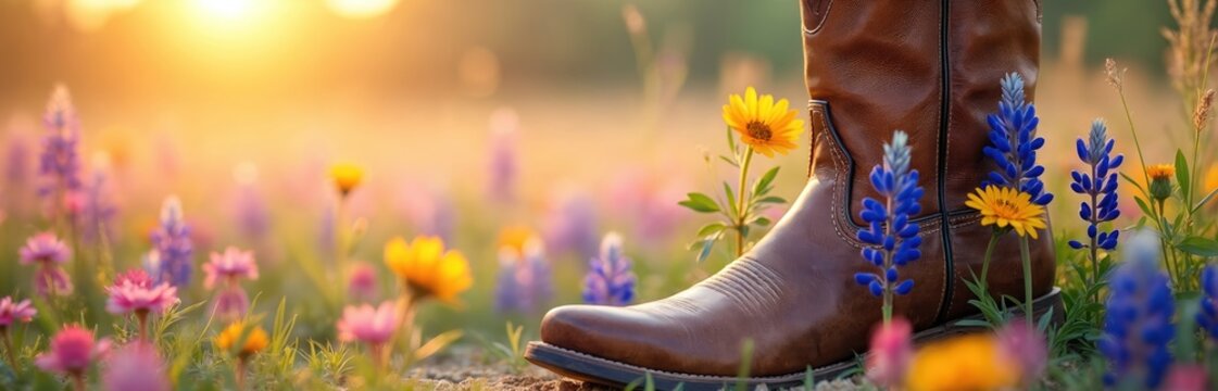 Brown cowboy boot stands in sunlit meadow with bluebonnets and yellow daisies. Wildflowers bloom in vibrant colors. Peaceful rural landscape basks in warm golden hour light. - Powered by Adobe