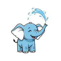 Happy blue elephant spraying water from its trunk.