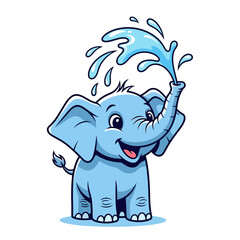 Happy blue elephant spraying water from its trunk.