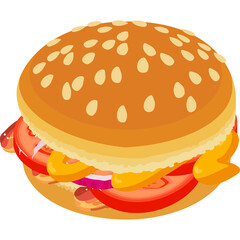 Isometric Hamburger With Sesame Seed Bun And Fresh Toppings In A Clean White Background And Isolated