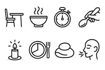 Mindful Eating Icons. Mindful Meal Routine linear icon set: quiet table icon, warm bowl, slow-eating timer, savoring spoon, calm light, organized plate, grounding stone, mindful