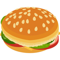 Isometric hamburger with sesame seed bun lettuce tomato and cheese on a transparent background