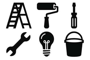 Fototapeta premium Brutalist Renovation Icons. Weekend Renovation silhouette icon set: ladder, paint roller, screwdriver, wrench, light bulb, bucket