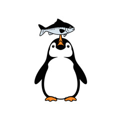 Penguin balancing a fish on its beak, a funny illustration.