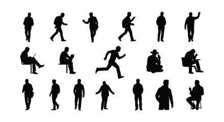 Collection of black silhouettes depicting various human poses and activities