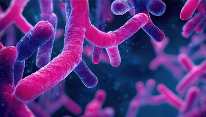 A close-up view of brightly colored cellular structures against a gradient blue background