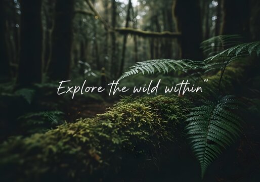 Inspirational Quote 'Explore the Wild Within' on a Lush, Moody Forest Background