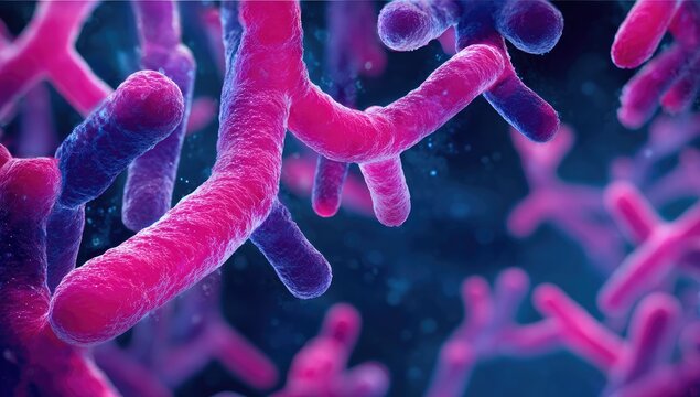 A close-up view of brightly colored cellular structures against a gradient blue background