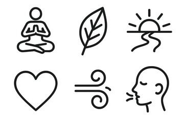 Yoga Icons Outdoors. Mindful Movement Outdoors linear icon set. yoga pose, leaf, sunrise, path, heart, breath swirl