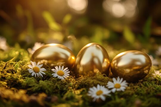 Three shiny golden eggs nestled on vibrant green moss with delicate white daisies, illuminated by warm sunshine