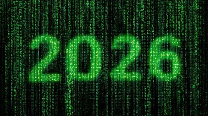 Countdown to the Future: Glowing Green Numbers and Digital Matrix Background Representing the Year 2026 in a High-Tech Environment
