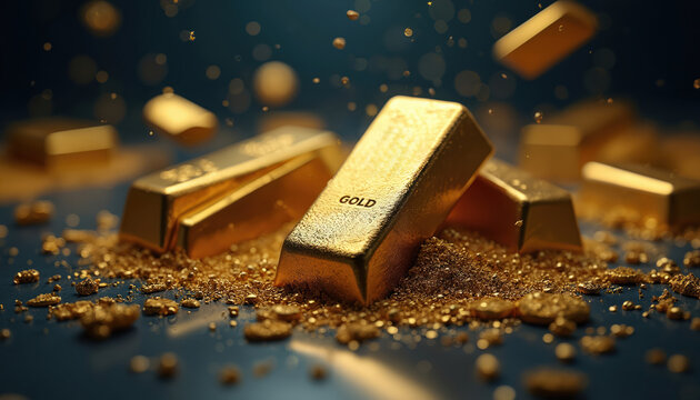 Golden bars falling on dark blue background. Gold bricks scattered with gold dust. Gold ingots with gold flakes. Precious metal for investment, wealth. Gold bars with rough surface. Shiny gold bars