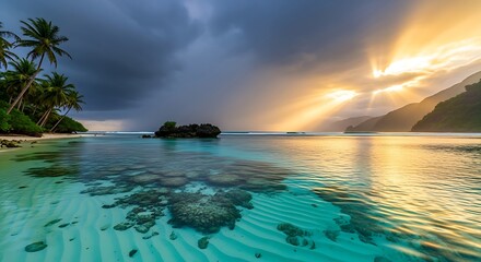 Tranquil Tropical Sunrise Over Serene Turquoise Ocean with Distant Rock Islands"