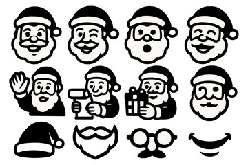 Santa Icon Collection. Santa Expressions silhouette icon set: happy Santa, winking Santa, surprised Santa, laughing Santa, waving Santa, Santa with list, Santa with gift, Santa