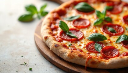 Delicious pepperoni pizza on wooden board with basil. Cheesy italian cuisine close up. Comfort food concept. Traditional meal made with fresh ingredients ready to eat at party.