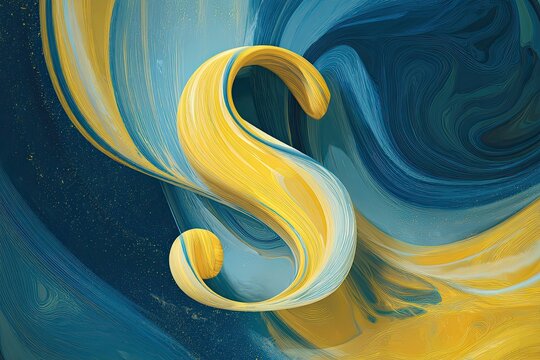 A stylized letter "S" floats amidst fluid strokes of yellow and blue, creating a dynamic design