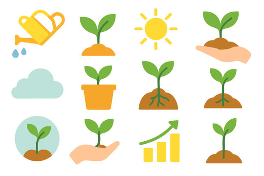 Nurturing Growth Icons. Growth & Nurture flat icon set: watering can, sprouting plant, sunlight rays, soil mound, nurturing hand, growth chart, soft cloud, warm container, budding