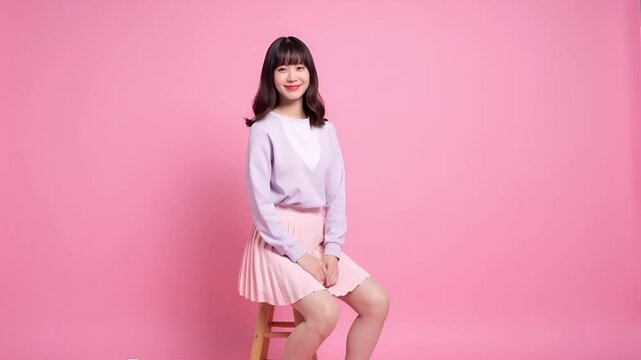 若い日本人女性がパステル系のガーリーファッションで、マットピンクの背景前に置かれたシンプルなスツールに座る映像です。
横向きに座り、膝の上に手を置き、少し前傾した自然で可愛い表情が柔らかい雰囲気を演出します。