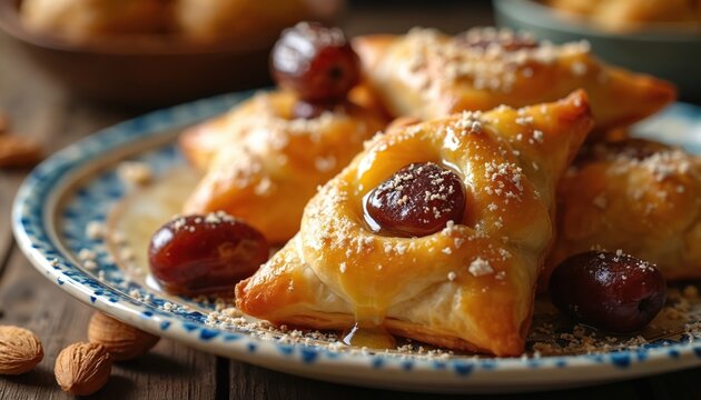 Golden Algerian makroud pastries with sweet honey syrup dripping on decorative ceramic plate. Flaky pastry topped with whole date, crushed nuts. Delicious homemade traditional treats perfect for