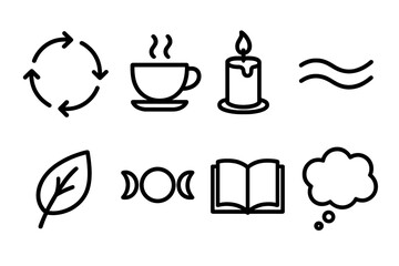 Mindful Icons Collection. Mindful Routine linear icon set: breathing circle, tea cup, candle, calm wave, leaf, moon phase, book, thought bubble