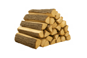 Stacked firewood pile with textured bark, prepared for heating and winter energy supply, transparent background