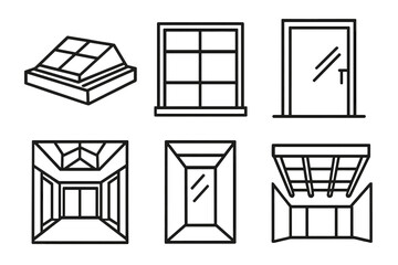 Architectural Icons Display. Architectural Features linear icon set. skylight, large window, glass door, atrium, light shaft, open ceiling