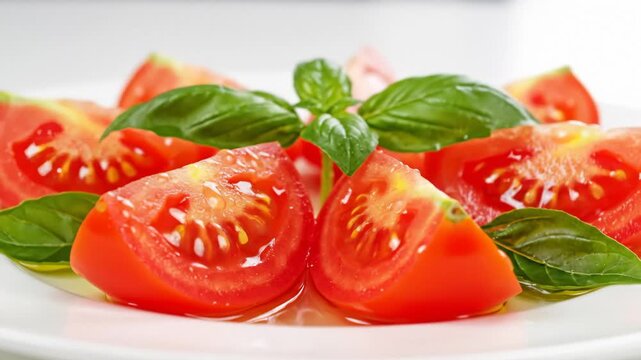 Preparing Caprese Salad With Sliced Tomatoes and Fresh Basil Leaves