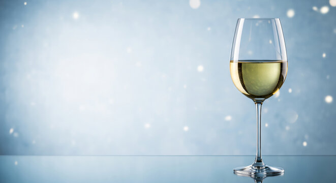 elegant white wine glass with winter blue bokeh background