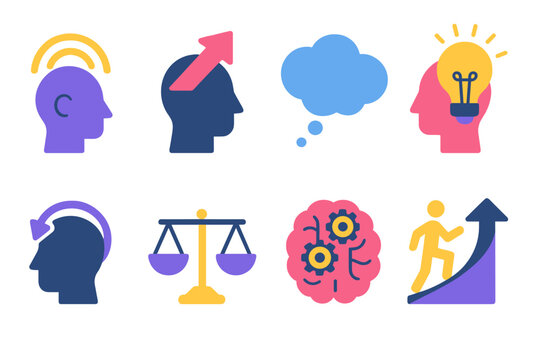 Mindset Shift Icons. Mindset Shift Concepts flat icon set: open mind, growth arrow, thought bubble, lightbulb idea, perspective switch, balance scale, brain gears, upward path