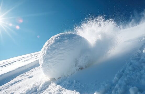 Large snowball rolls down bright snowy slope under clear blue sky. Snow sprays from ball. Winter scene with bright sun and lens flare. Cold frosty day outdoors.