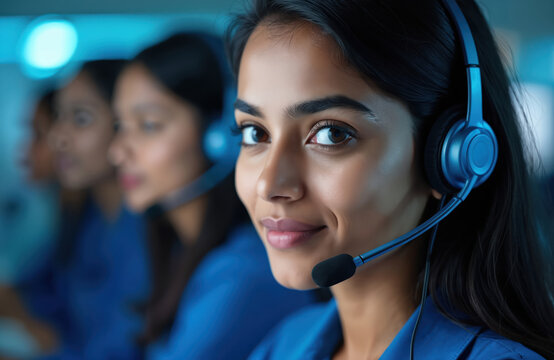 Smiling indian woman with headset works in call center. Female support representative provides customer assistance. Team of agents offer help in office. Corporate workers provides professional tech