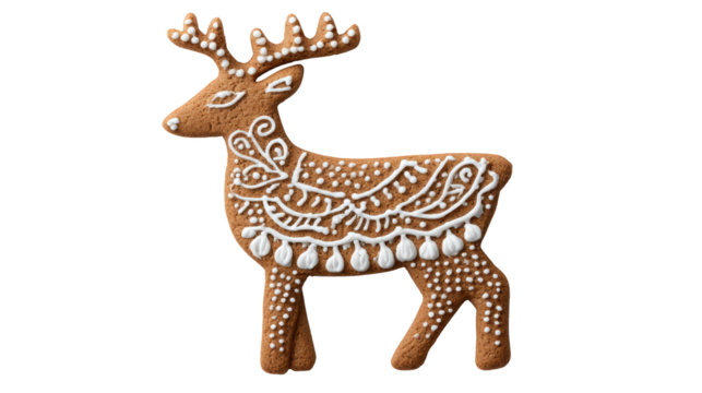 Gingerbread Reindeer Cookie with Decorative White Icing on Transparent Background