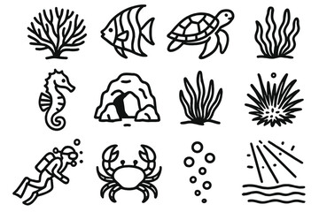 Underwater Icon Array. Underwater Ecosystem linear icon set: coral fan, angelfish, sea turtle, seahorse, reef cave, algae, sea urchin, diver, crab, bubbles, sunlight rays, ocean