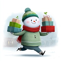 snowman hold gifts boxes, flat illustration, winter humorous illustration, clipart
