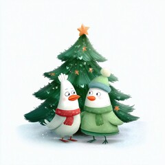 two birds by Christmas tree,  winter humorous illustration, clipart